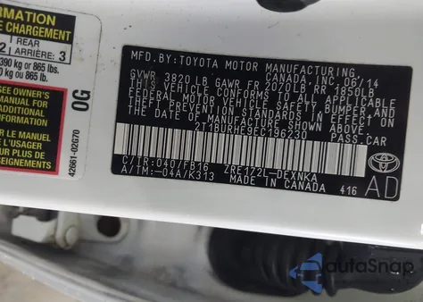 2014 Toyota Corolla Le Plus z USA, uszkodzony, nr VIN 2T1BURHE9EC196230